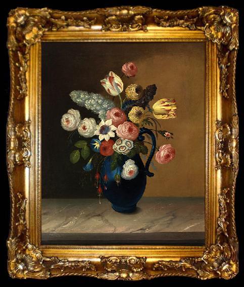framed  William Buelow Gould Still life, flowers in a blue jug oil on canvas painting by Van Diemonian (Tasmanian) artist and convict William Buelow Gould (1801 - 1853)., ta009-2